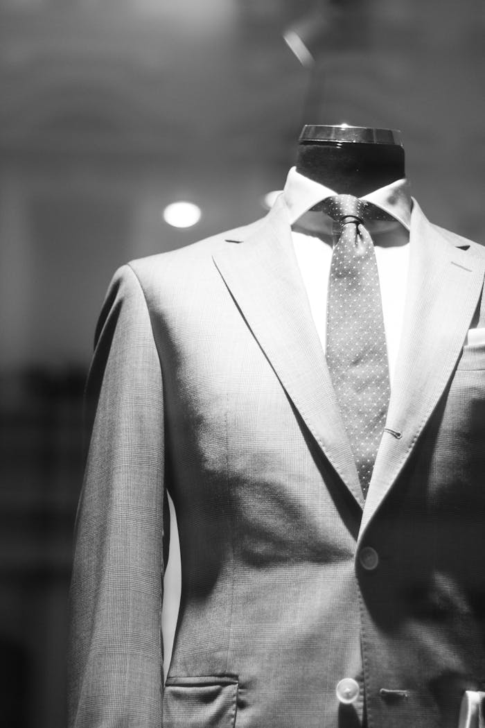 Through glass elegant formal gray suit presented on mannequin in modern mans clothing store